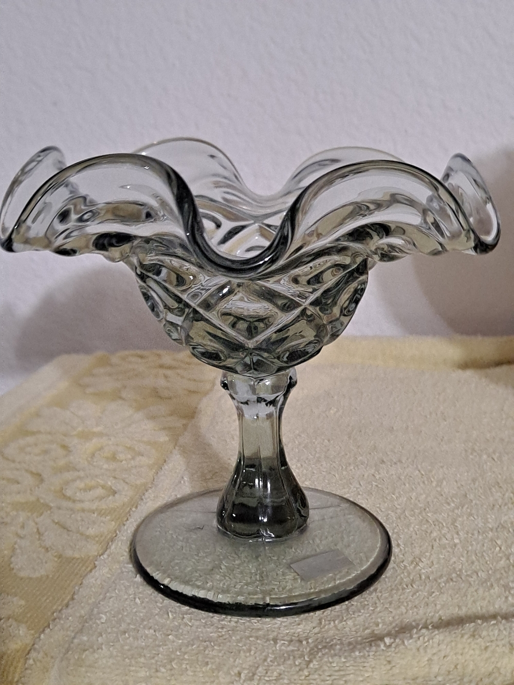 Vintage VIKING Glass Compote - Clear Smokey Ruffled Edge
